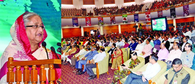 Prime Minister Sheikh Hasina speaking as Chief Guest at a programme marking the Historic May Day at Bangabandhu International Conference Centre on Tuesday .