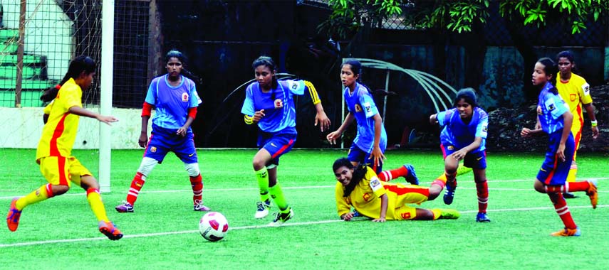 An action from the match of the JFA U-14 Women's Football Championship between Khulna District team and Luxmipur District team at Bir Shreshtha Shaheed Sepoy Mohammad Mostafa Kamal Stadium in the city's Kamalapur on Wednesday.