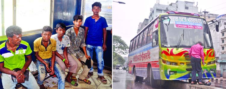 DMP and BRTA jointly in a mobile court drive detained five teenaged drivers (left) from Manik Mia Avenue for driving vehicles recklessly without licenses. A bus (right) being overturned on the divider in city's Paltan area early Wednesday.