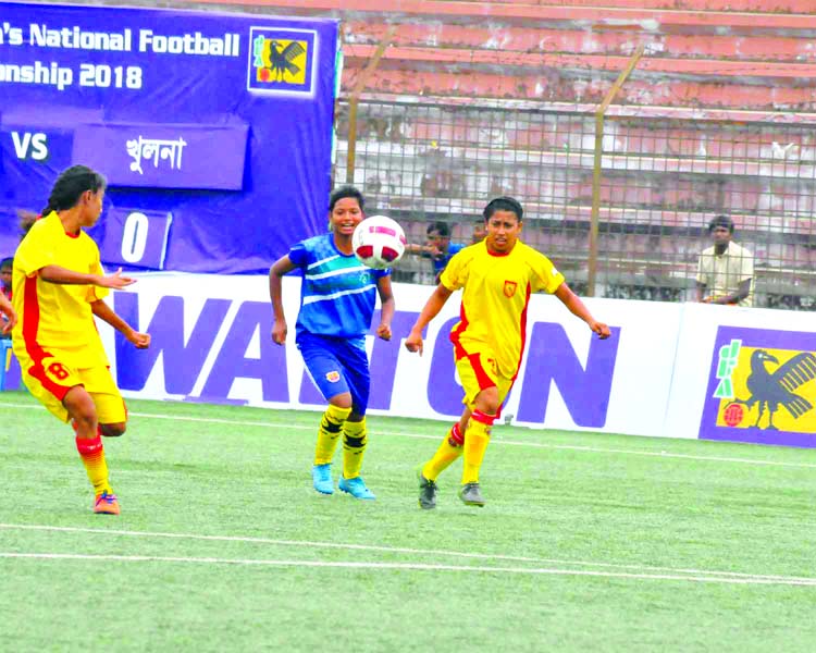 A moment of the match of the JFA Under-14 National Women's Football Championship between Rangpur District team and Khulna District team at the Bir Shreshtha Shaheed Sepoy Mohammad Mostafa Kamal Stadium in the city's Kamalapur on Friday. The match ended