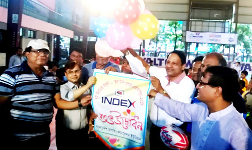 Chief Executive Officer (CEO) of Index Group Saifullah Al Munir opening the Index Group Under-10 Rugby Competition by releasing the balloons as the chief guest at the Shaheed (Captain) M Mansur Ali National Handball Stadium on Saturday.