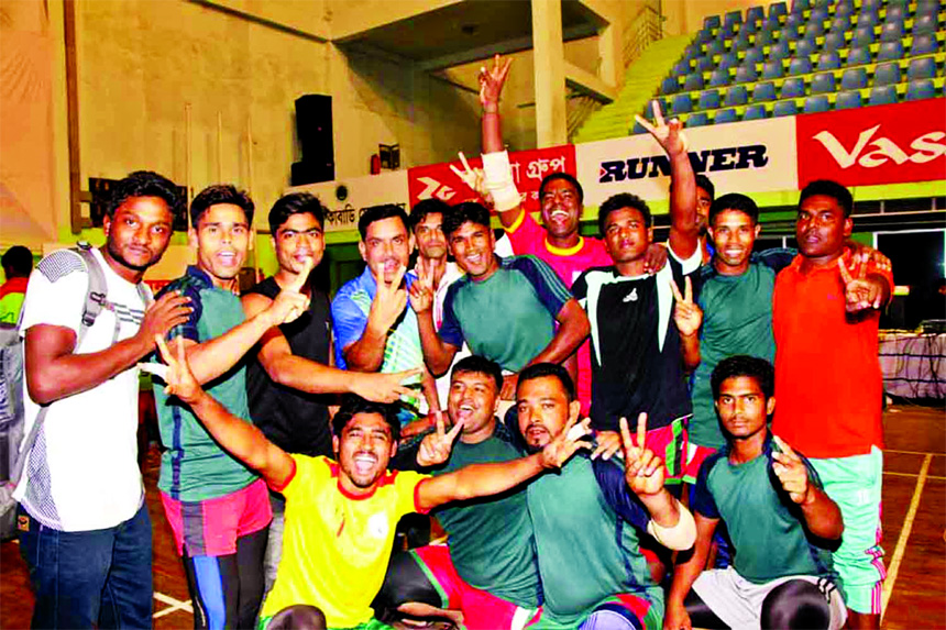 Players of Khulna District team celebrating after reaching the semi-finals of the Bashundhara Group Independence Day Kabaddi at the Shaheed Tajuddin Ahmed Indoor Stadium on Saturday.