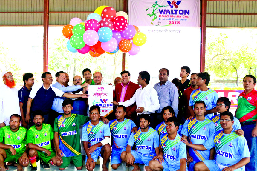 Presidium Member of Bangladesh Awami League Lieutenant Colonel (Retd) Muhammad Faruk Khan, MP, inaugurating the Walton-BSJC Media Cup Football Tournament as the chief guest at the Shaheed (Captain) M Mansur Ali National Handball Stadium on Saturday.