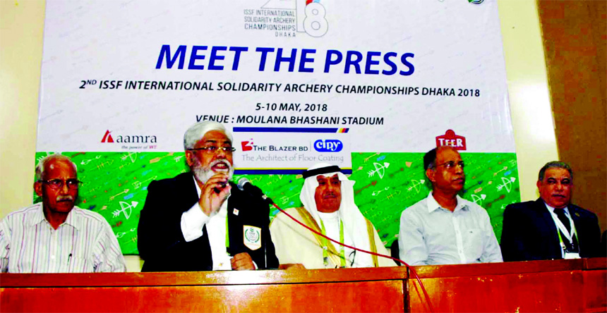 General Secretary of Bangladesh Archery Federation Kazi Rajib Uddin Ahmed Chapol speaking at a press conference at the Dutch-Bangla Bank Auditorium in Bangladesh Olympic Association Bhaban on Saturday.