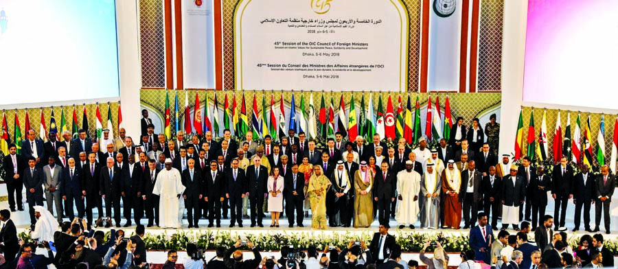 Prime Minister Sheikh Hasina joined the photo session with OIC FMs at its 45th inaugural conference at Bangabandhu International Conference Centre on Saturday. PMO photo