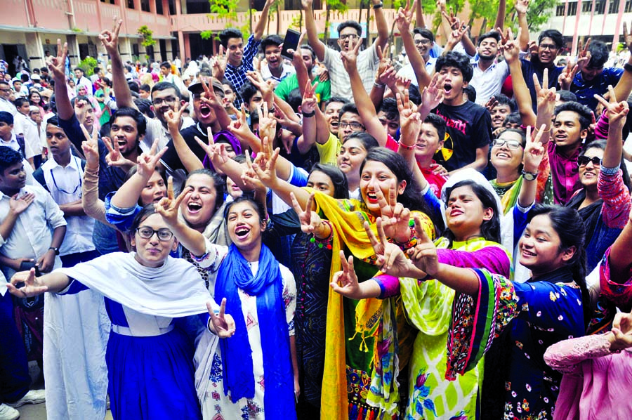 After announcement of SSC results, the students of Motijheel Ideal School and College celebrating their victory on Sunday.