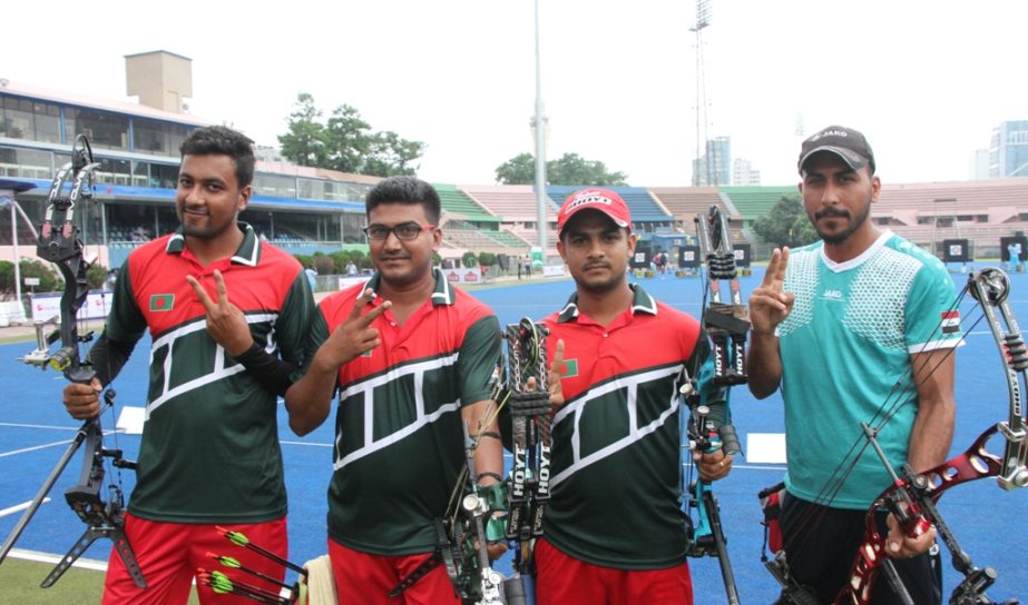 Compound Men Semi finalist (L-R): Asim Kumer, Milon Mollah,Mamun and Shkhan Waleed Hameed pose for photo at the Bangabandhu National Stadium on Monday.