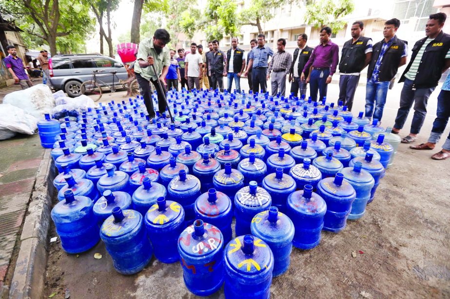 Adulterated jar water seized from city's Tejgaon areas were being destroyed by a mobile court and BSTI team on Tuesday.