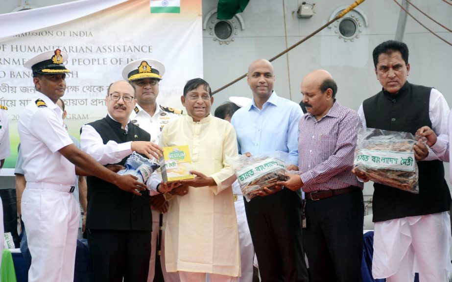 Indian High Commissioner Harsh Vardhan Shringla handing over the relief materials to Disaster Management and Relief Minister Mofazzal Hossain Chowdhury Maya at Chattogram Port recently.
