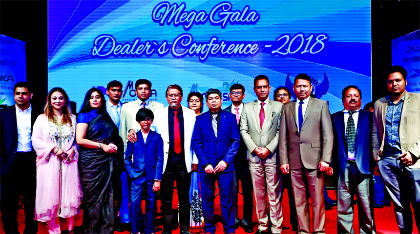 Architect Md Mazharul Kader, Chairman, Mahin Mazhar, Managing Director and Mamunur Rashid FCMA, Deputy Managing Director of X Ceramics Limited (XCL) pose at the dealers' conference-2018 at a city convention center on Thursday.