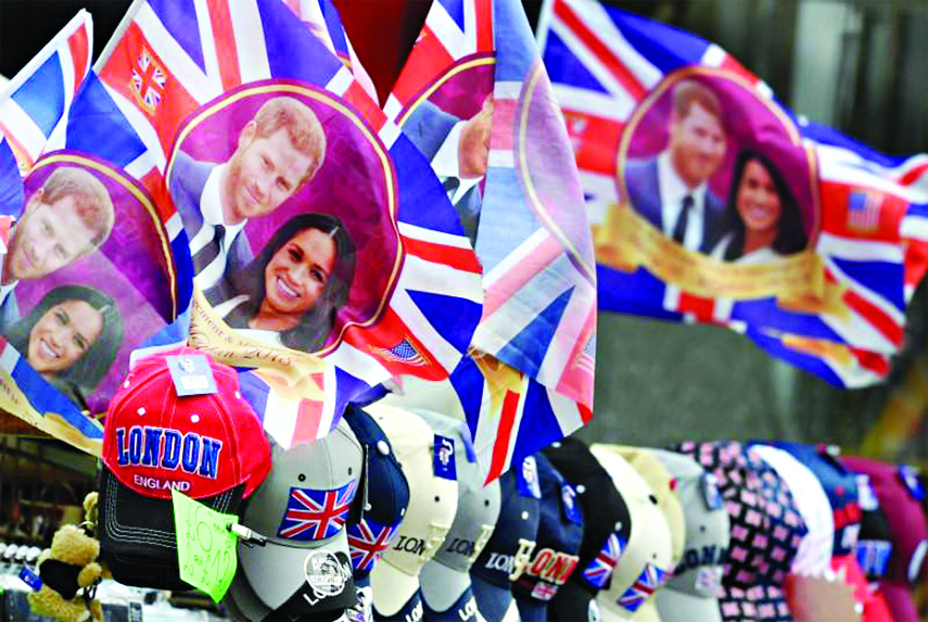 Flags are seen for sale ahead of the forthcoming wedding of Britain's Prince Harry and his fiancee Meghan Markle on Oxford Street in London.