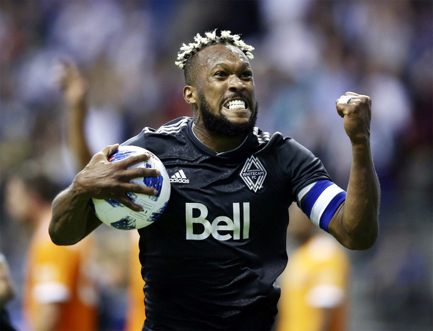 Vancouver Whitecaps defender Kendall Watson celebrates his goal against the Houston Dynamo during the second half of an MLS soccer match on Friday in Vancouver, British Columbia.