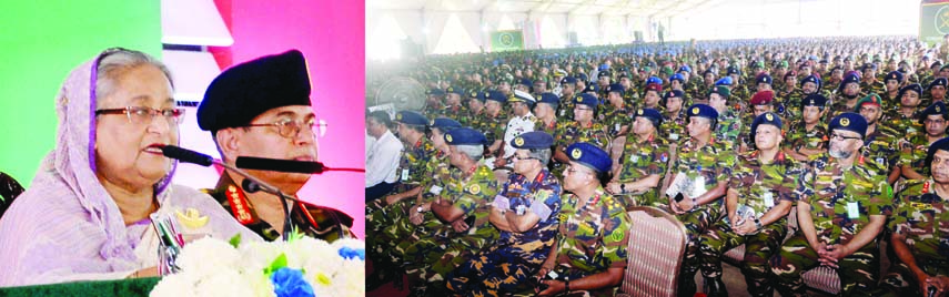 Prime Minister Sheikh Hasina addressing a function as Chief Guest at Dhaka Cantonment after opening 27 development projects through video conference at different cantonments yesterday. Photo: PID