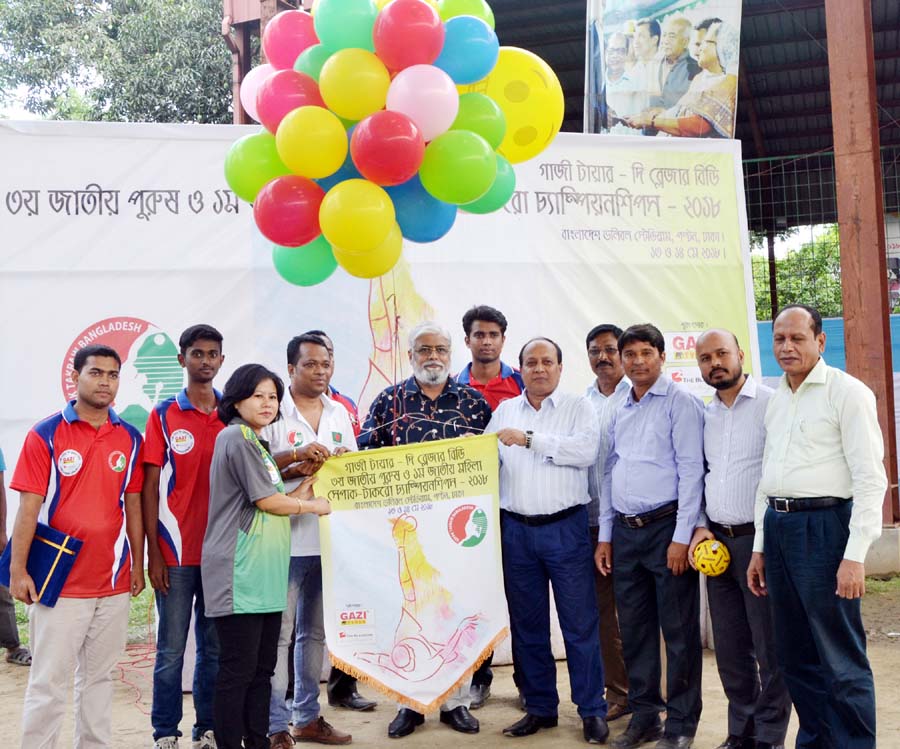 Secretary of National Sports Council Md Masud Karim inaugurating the Gazi Tyres & Blazer BD 3rd National Men's & 1st Women's Sepaktakraw Championship by releasing the balloons as the chief guest at the Volleyball Stadium on Sunday.