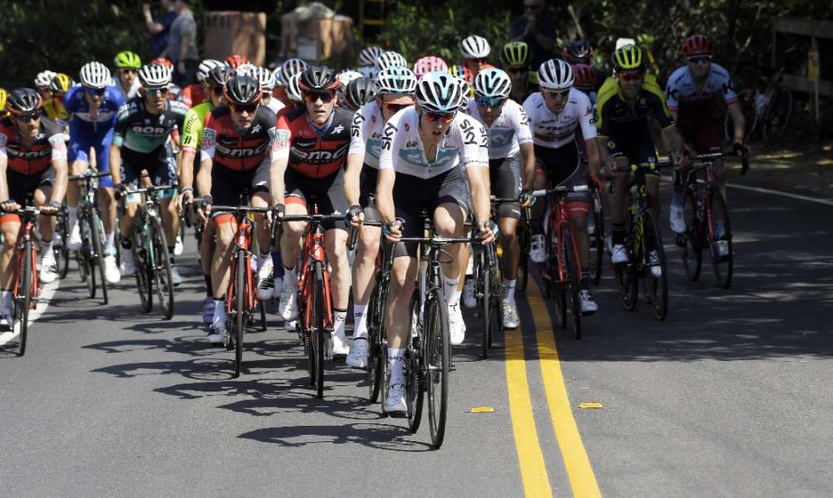 The peloton rides during Stage 2 of the AMGEN cycling Tour of California in Santa Barbara, Calif on Monday.