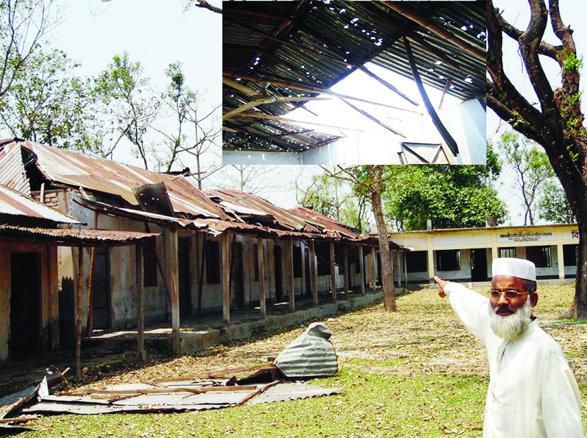 NILPHAMARI: Haji Tosir Uddin Shah Dakhil Madrasa at Gomnati Union has been badly damaged by recently nor'wester . This picture was taken yesterday.