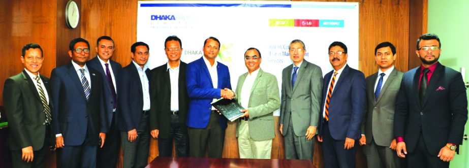 Md. Ziaur Rahman, Head of Corporate Banking Division of Dhaka Bank Limited and Mustafizur Rahman Shazid, Chief Operating Officer of Butterfly Marketing Limited, exchanging an agreement signing documents at the banks head office in the city recently. Under