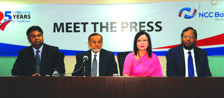 Md. Nurun Newaz Selim, Chairman of NCC Bank Limited, addressing at the press conference marking its 25th Anniversary at its head office in the city on Wednesday. Moslehuddin Ahmed, Managing Director, Sohela Hossain, Vice-Chairman and Khairul Alam Chaklade