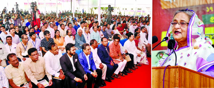 Prime Minister Sheikh Hasina addressing the representative conference of Bangladesh Federal Union of Journalists (BFUJ) at the Jatiya Press Club on Thursday. BSS photo