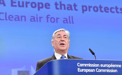 EU Environment Commissioner Karmenu Vella addresses a press conference on protecting citizens from air pollution in Brussels