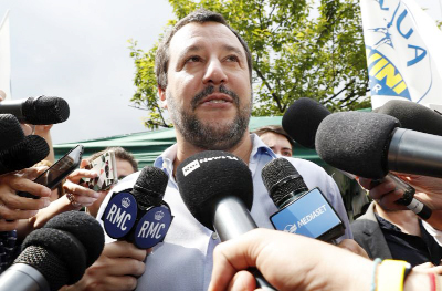 The League party leader, Matteo Salvini, meets reporters in Milan, Italy.