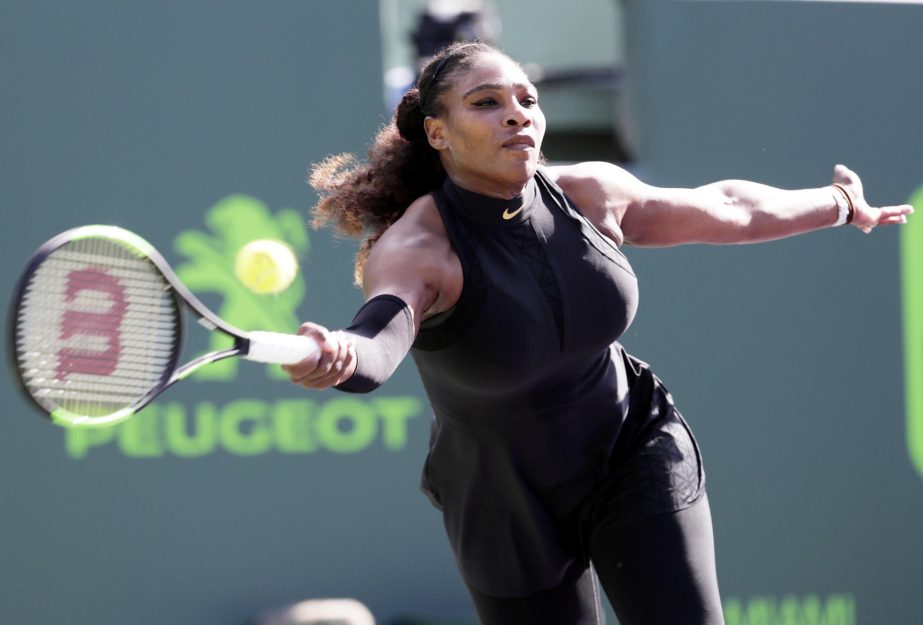 FILE - In this Wednesday, March 21, 2018 file photo, Serena Williams returns to Naomi Osaka, of Japan, during the Miami Open tennis tournament, in Key Biscayne, Fla. everal of Serena Williams' biggest rivals believe that the 23-time Grand Slam champion d