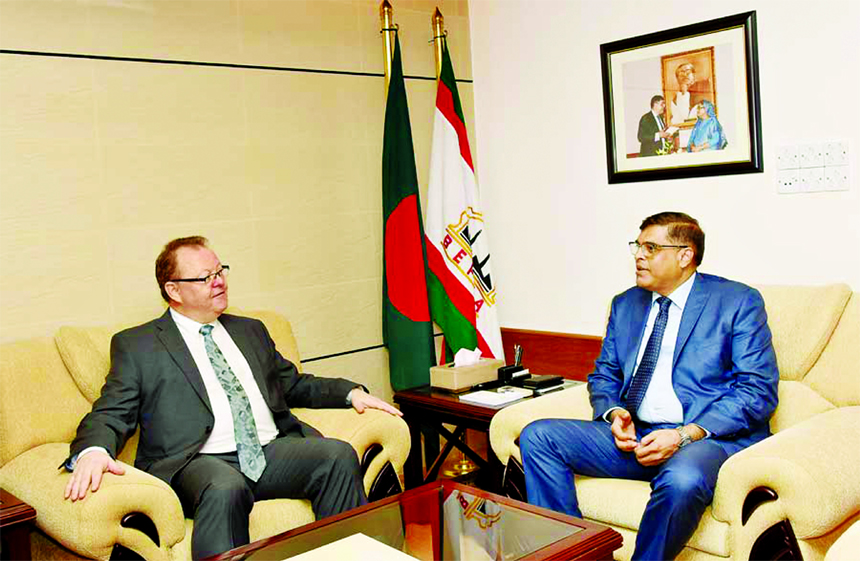 Canadian Ambassador in Dhaka Benoit Prefontaine talking to BEPZA Executive Chairman Major General Mohd Habibur Rahman Khan when he visited BEPZA Executive Office in Dhaka recently.