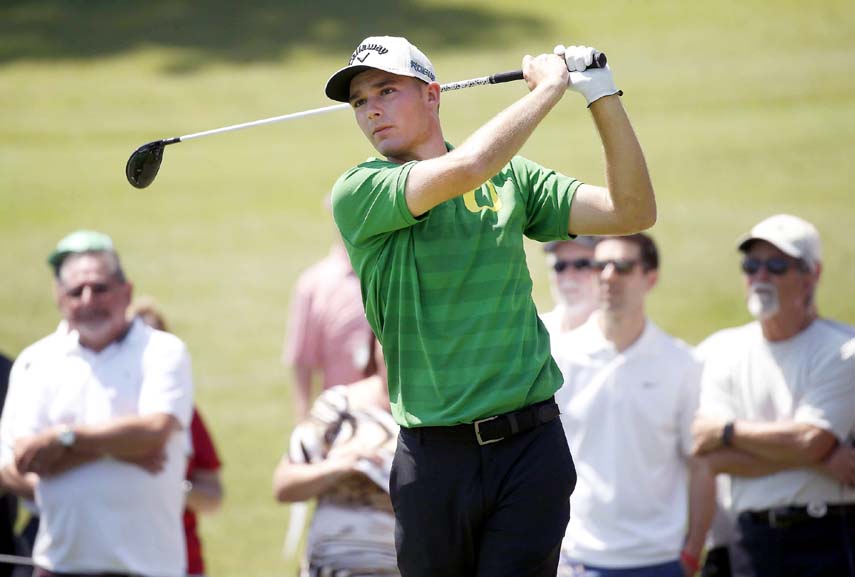 Aaron Wise watches his tee shot on No. 7 during the second round of the Fort Worth Invitational golf tournament at Colonial in Fort Worth, Texas on Friday.