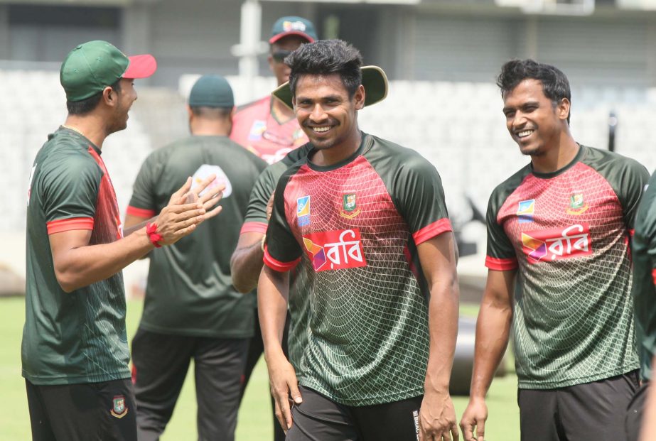 Players of Bangladesh National Cricket team during their practice session at the Sher-e-Bangla National Cricket Stadium on Saturday.