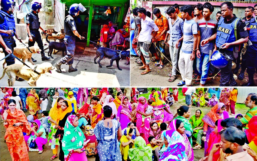 Members of RAB in an anti-narcotics drive at Mohammadpur Geneva camp arrested 100 people involved in Yaba, hemp and other drugs trading on Saturday (top). Families of the victims allegedly rush to Sher - e - Bangla Nagar RAB-2 office protesting their arr