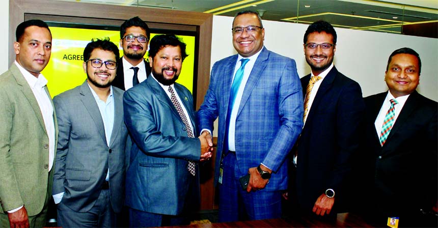 M Khorshed Anowar, Head of Retail Banking of Eastern Bank Limited (EBL) and MA Rashid Shah Shamrat, President of Flight Expert Limited, exchanging an agreement signing documents at the banks head office in the city recently. Under the deal, all cardholder