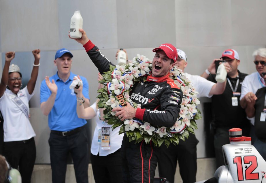 Will Power of Australia, celebrates after winning the Indianapolis 500 auto race at Indianapolis Motor Speedway in Indianapolis on Sunday.