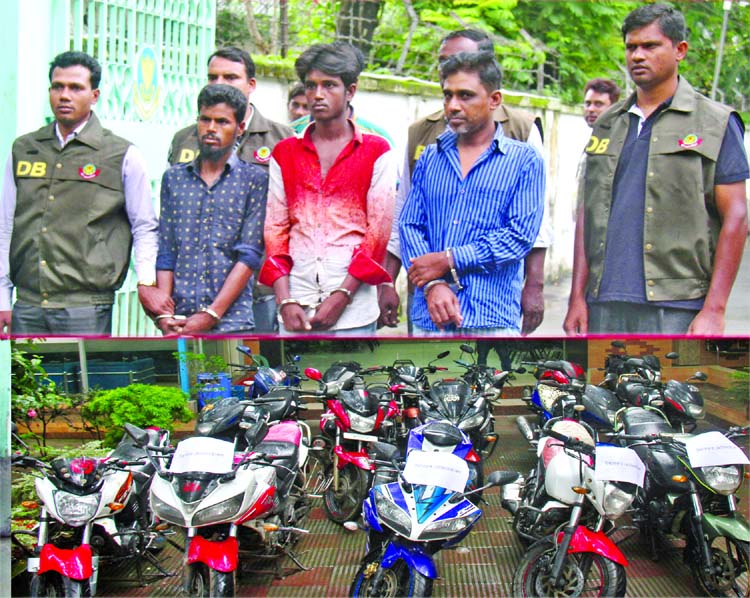 DB Police on Thursday arrested 3 persons (top) after raid from different areas of the city. About 18 stolen motor cycles were recovered from their possessions.