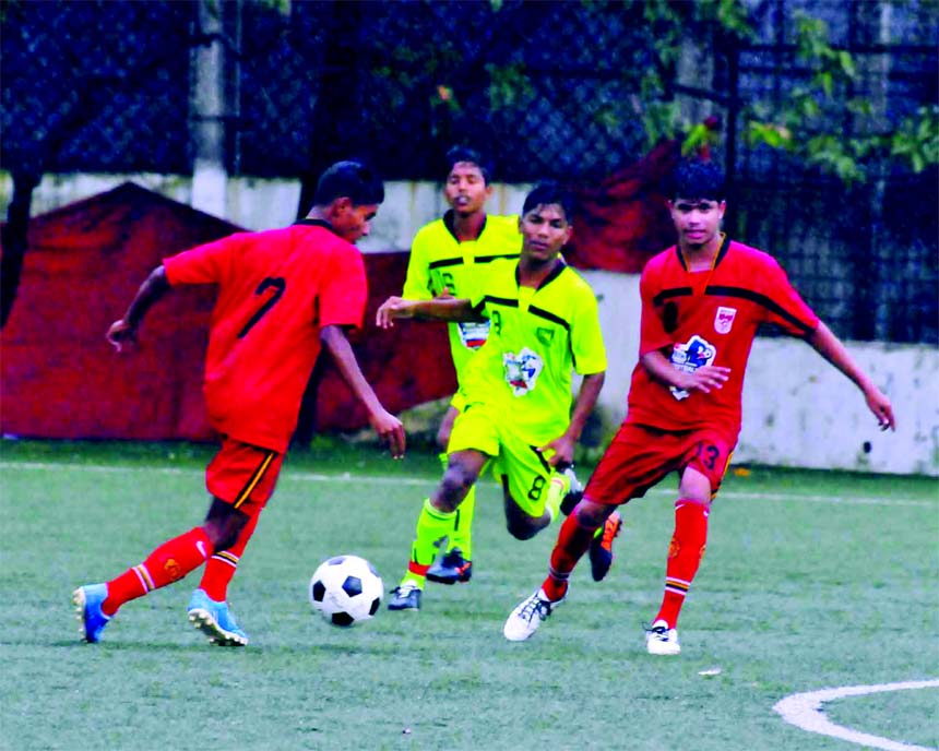 A moment of the match of the final round of the Pran Milk National School Football Championship between Lalpur Pilot High School of Natore and Chattogram Marine Academy School & College at the Bir Shreshtha Shaheed Sepoy Mohammad Mostafa Kamal Stadium in