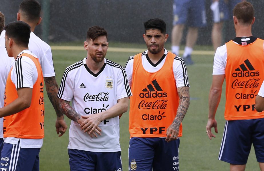 Argentina's Lionel Messi (center left) and Ever Banega take part in a team training session at the Sports Center FC Barcelona Joan Gamper, in Sant Joan Despi, Spain, Saturday. Israel will play against Argentina next Saturday (June 9) in a friendly socce