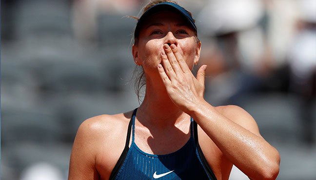 Russia's Maria Sharapova celebrates after winning her third round match against Czech Republic's Karolina Pliskova on Saturday.