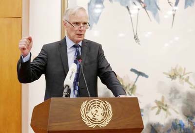 Philip Alston, the U.N.'s special rapporteur on extreme poverty and human rights, attends a news conference in Beijing, China.