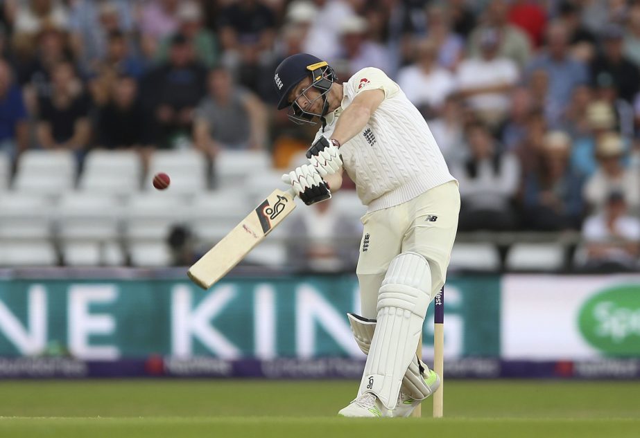 England's Jos Buttler hits a six on day three of the second test match against Pakistan at Headingley, Leeds, England on Sunday.