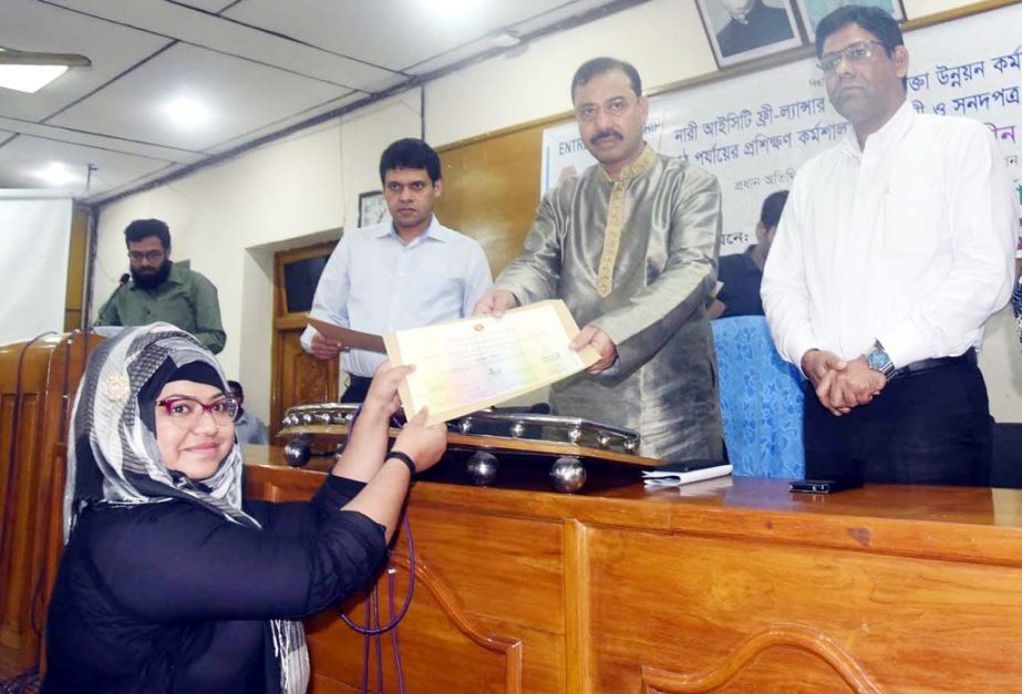 CCC Mayor A J M Nasir Uddin distributing certificates of graphic designing training course organised ICT Finance Organisers and Development Projects at the Port City recently.