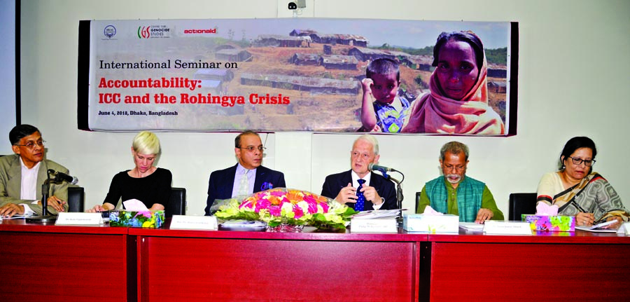 International Criminal Justice Expert Kate Vigneswaran speaking at a seminar on 'Accountability: ICC and The Rohingya Crisis' organised by different organisations including Center for Genocide Studies at the Senate Bhaban of Dhaka University on Monday.