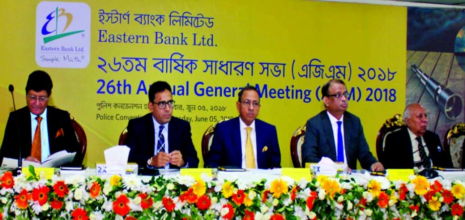 M Ghaziul Haque, Chairman, Board of Directors of Eastern Bank Limited (EBL) presiding over its 26th AGM at the banks head office in the city recently. Ali Reza Iftekhar, Managing Director, Mir Nasir Hossain, AM Shaukat Ali, Md. Showkat Ali Chowdhury, Anis