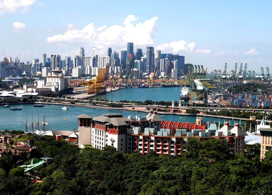 A view of Sentosa Island and the skyline of the central business district in Singapore.