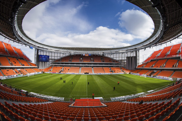 In this photo taken on Sunday, April 1, 2018, a view from the stands of the new World Cup stadium in Yekaterinburg during the Russian premier league soccer match between Ural Yekaterinburg and Rubin Kazan in Russia.