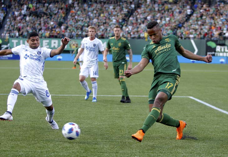 Portland Timbers' Jeremy Ebobisse (17) moves the ball past a San Jose Earthquakes defender during a U.S. Open Cup soccer match on Wednesday in Portland, Ore.