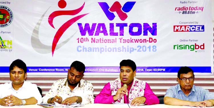 Senior Operative Director (Head of Games & Sports Department) of Walton Group FM Iqbal Bin Anwar Dawn speaking at a press conference at the conference room of National Sports Council on Thursday.