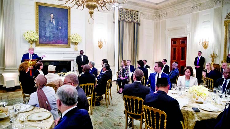 US President Donald Trump speaks during an Iftar dinner hosted at the White House in Washington, DC.