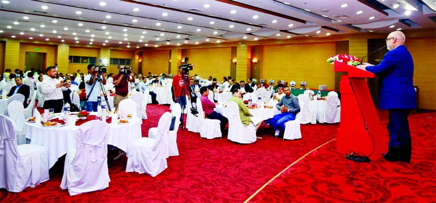 Moshiur Rahman Chowdhury, Managing Director of AB Bank Limited, addressing an Iftar Mahfil in honour of media personnel of the country at a hotel in the city recently. Senior officials of the bank were also present.
