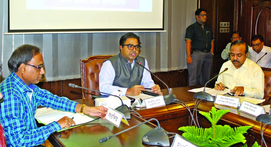 Dhaka South City Corporation Mayor Sayed Khokon speaking at a view exchange meeting on Sunday with the various organisations over the Eid-ul Fitr Jamat to be held at the National Eidgah.
