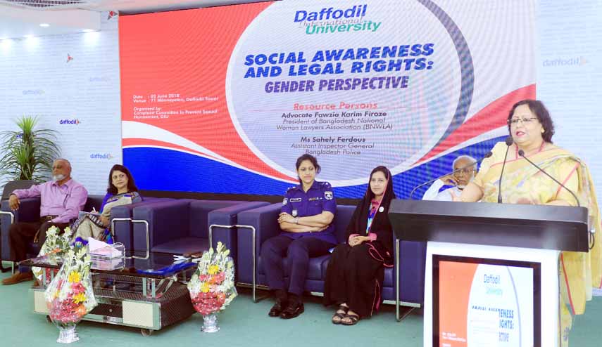 Advocate Fawzia Karim Firoze, President of Bangladesh National Women Lawyers Association is addressing a seminar on 'Social Awareness and Legal Rights: Gender Perspective' organized by Complaint Committee to Prevent Sexual Harassment of Daffodil Interna