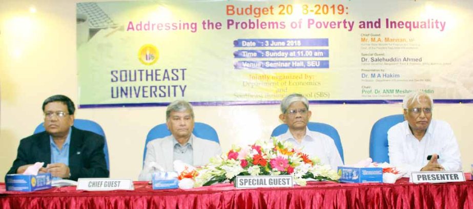 State Minister for Finance and Planning MA Mannan, MP, speaks at a pre-budget seminar organized by Southeast University in the capital on Sunday.